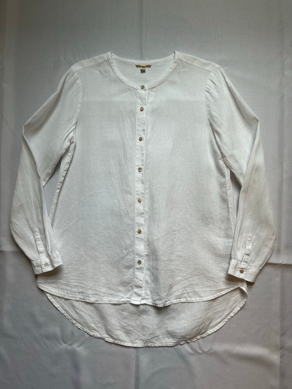 Eileen Fisher 100% Organic Linen Button Up Tunic Blouse Mandarin Collar White XS